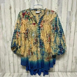 One Body of Love Steve Barraza Boho Top Size M Floral Embroidered Art to Wear